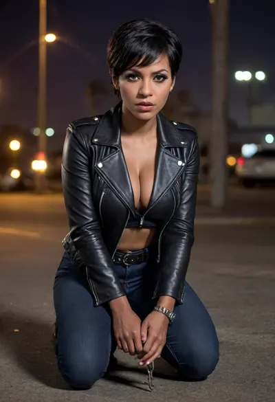 Jacqueline, kneeling, ((handcuffed)), ((black woman)), (short black hair), (black leather jacket), deep cleavage, ((large breasts)), dark gray denim pants, intense expression, makeup, night, dark background, close-up, cinematic, crime scene