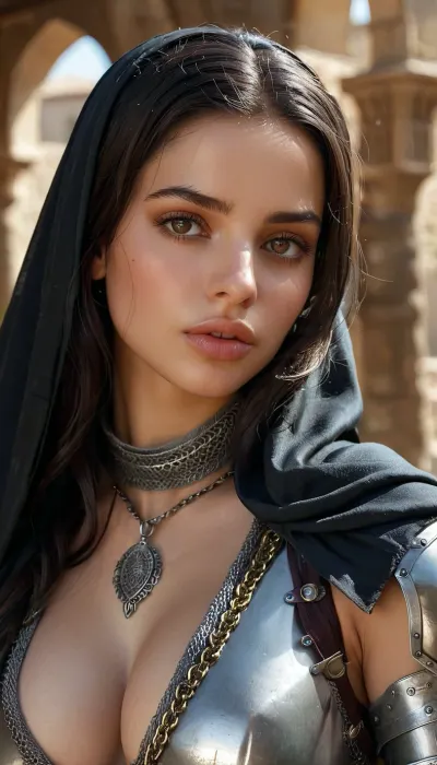Extremely beautiful middle eastern medieval female knight, black braided hair, (wearing Middle Eastern medieval chainmail and dark robe), detailed eyes, wide eyes, random view angle, action pose, realistic detailed face, realistic detailed hair, realistic detailed body, realistic detailed skin, realistic detailed natural breasts, realistic detailed hairy pussy, (High, Resolution), (More, Details), (8K), 4ng3l, face, detailxl, <lora:add-detail-xl:1.5>, <lora:style_lora_realis:.5>, <lora:checkpoint-e100_s400:1.3>, <lora:SDXL_BetterFaces-LoRA_v1:1>