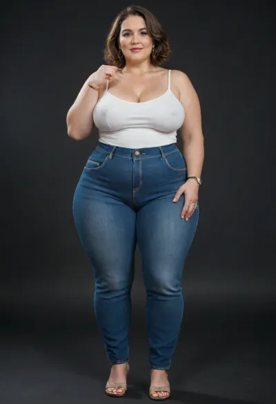 The image depicts a obese, (bbw:1.3), mature woman, (mature:1.3), 60 years old, milf, full body view portrait, against a solid black background.
Body and Figure, The bbw woman has a curvaceous and full figure. Her shoulders appear broad, and her arms are chubby. Her waist is cinched, emphasizing the width of her hips and thighs, which are generously proportioned, giving her an hourglass or pear-shaped silhouette.
Breasts, She has a very full bust, with her saggy breasts appearing large and prominent, pushing against the fabric of her top. Her nipples are hard., (FUPA:1.3), Clothes, She is wearing a simple white sleeveless top with spaghetti straps, white camisole. The top is form-fitting, highlighting her bust. Below the top, she is wearing a pair of highwaist blue jeans. The jeans are high-waisted and snug, conforming to her big hips and thighs, with a fupa. On her left wrist, a silver-toned watch with a metal band is visible. She is wearing a diamond wedding ring on her left hand ring finger.
Face and Features, Her face is presented frontally, with a big smile. She has dark hair, styled in a bob or shoulder-length cut, parted on the side, and appearing to have some brown highlights. Her eyes are light-colored, possibly blue or grey, and there is visible makeup around them, including eyeliner and mascara. Her eyebrows are well-defined and dark. Her nose is of average size, and her lips are full and colored with what appears to be a natural or light pink lipstick. Despite the stated age of 60, her skin has visible wrinkles. There's a dimple visible on her right cheek.