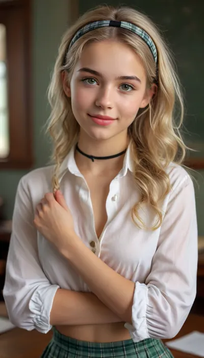 (((18 year old))), (((eye contact))), (((very young girl))), smiling, white blouse, top buttons undone, tied at midriff, medium breasts, plaid skirt, white stockings, choker, hands behind her back, (((blond hair, hair band))), grey-green eyes, (((cute))), (((petite girl))), (((narrow waist))), perfect hourglass figure, slim, tight waist, classroom, perfect hands, perfect fingers, perfect anatomy, realistic skin, masterpiece, best quality, high resolution, ultra detailed, <lora:MJ52:.8>, <lora:Realism_Lora_By_Stable_yogi_SDXL8.1:.8>