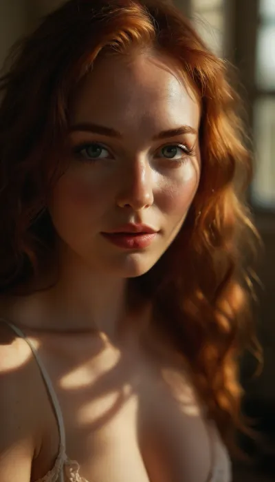 ziprealism, (avant-garde snapshot esthetic, intense lighting, warm sunny lighting, light bloom, god rays, hair glow lighting), (stunning eyes, catch lights, long eyelashes), (f/2.8, f2.8, very shallow depth of field, focus on eyes, low angle shot, profile shot:1.4), (cozy bedroom scene, huge windows, streaming sunlight), (vivid auburn hair, voluminous hair), (huge natural breasts, absurd boobs, soft breasts:1.2), (slender, slim body, skinny), (smug, smug expression, sexy smirk, dimples, full lips), (leaning forward, kneeling), <lora:MJ52:.8>
