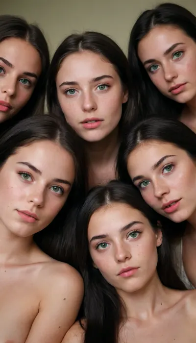 (((eight 18 year old sisters))), eight younger girls, naked, on a bed, long black hair, freckles, pink lipstick, green eyes, (masterpiece), (detailed), super hot face