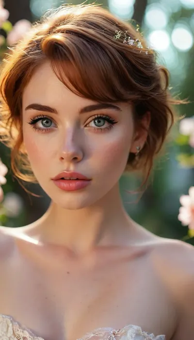 ziprealism, (avant-garde fashion esthetic, professional portrait), (f/2.8, f2.8, f28, (shallow depth of field), , , soft bokeh, face closeup, tight closeup, shot in profile, focus on eyes:1.4), (vibrant auburn hair with dark roots, short hair, swept-back hairstyle, flowers in hair), (catchlights, limbal rings, large expressive eyes, stunning eyes, long delicate eyelashes, perfect eyes), (full lips, soft lips, soft facial features), (white waterline eyeliner, doe-eye makeup), (adoration, loving gaze, in love), (flawless porcelain skin), <lora:MJ52:.8>, igbaddie, <lora:igbaddie-XL:.4>