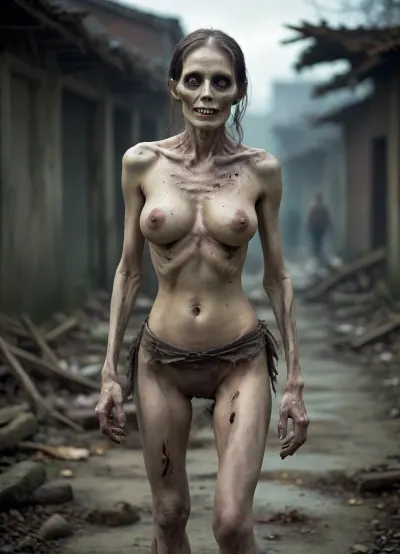 (Smiling zombie:1.4), An unnaturally skine mature Asian female zombie in full height. Her face is untouched and looks magnificent. Her anorexic figure is emphasized by torn clothing that exposes her skeleton. High-heeled shoes elongate her bony legs, large breasts, torn clothes, (one breast exposed:1.5), walking through a destroyed post-apocalyptic deserted Seoul, z0mb13, <lora:Zombie_XL_z0mb13:.9>, <lora:HellAI_XL-000011:.1>, <lora:Stunning_eyes_2:1.1>, <lora:EmmaWatsonFace2012-2017_resolution2048_v1.0-000025:1.2>, <lora:RPGSkeletonXL:.1>