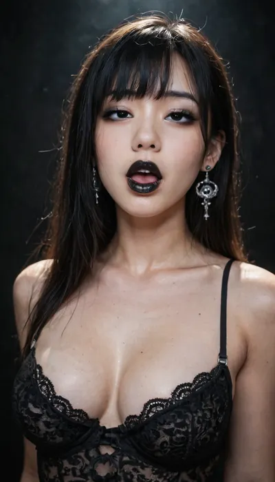 gothic, goth, (asian), pale skin, dark black eyes, black hair, bangs hair, black eyeliner, (black lipstick), white skin, perfect eyes, small eyes, detailed eyes, small nose, good anatomy, fake breasts, slut face, whore, (ahegao:1), sexy posing, dynamic, lighting, <lora:Dynamic_Lighting_by_Stable_Yogi_SDXL3_v1:1>