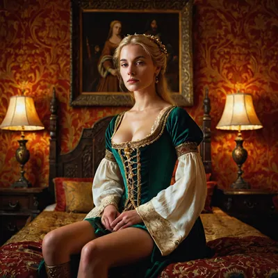 The new courtesan in the middleage waiting in the bedchamber.
A petite young woman, medieval, courtesan, 13th century, blonde, sitting in a noble bedroom, looking at viewer.
photorealistic, hd.