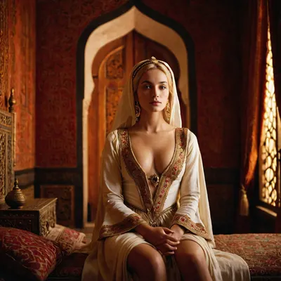 The new European concubine in the Arab harem waiting in the bedchamber.
A petite young european woman, concubine, 16th century, blonde, sitting in a noble bedroom, Arab harem, looking at viewer.
photorealistic, hd.