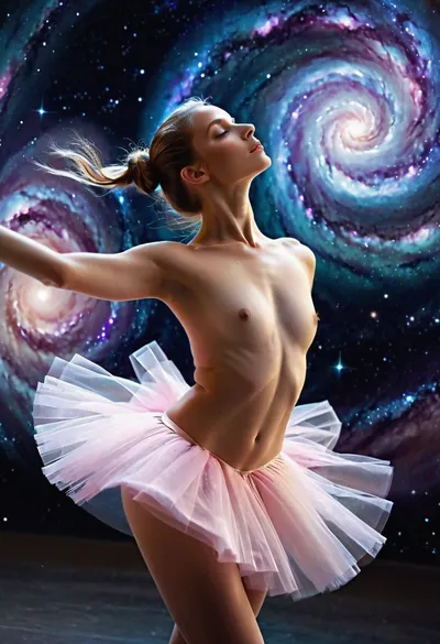 (Android girl:1.5), ballerina, ((naked in a ballet tutu)), fouetté in outer space, against the backdrop of a spiral galaxy, <lora:cyber_aesthetic_sdxl:1.1>