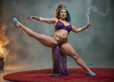 cinematic, close-up, 10-15x zoom, A magical Genie woman in a glass dome being surrounded by orange green blue smoke with a red rug long rainbow hair is levitating lifting both legs in the air, raising her hands to showing her strength, enjoys swirling orange smoke with gauntlets made of smoke while having extreme pussy penetration by gigantic dildo, twisting blue smoke, swirling green smoke, (solo, girl, woman, 24yo, Genie, long rainbow hair, bells on belt, (highly detailed face), square chin, wide nose, fat cheeks, dimples, eyes open wide, excited, serious, well-balanced, short, plump, stocky abs, hairy pussy, tanned skin, magical, strong, wise, artist, levitating, (splits:1.4), having extreme pussy penetration by gigantic dildo made of smoke, no anal, raising both legs off ground, purple lace dress, golden headpiece, belly dancing belt, wrist gauntlets made of orange smoke, blue ballet slippers made of smoke, (highly detailed background), smoke in foreground, smoke, fog, swirling smoke, gold coins, candles, twisting smoke, gauntlets made of smoke, red rug, gigantic dildo made of smoke), romantic lighting, dynamic camera angle, telephoto lens