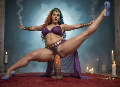 cinematic, close-up, 10-15x zoom, A magical Genie woman in a glass dome being surrounded by orange green blue smoke with a red rug long rainbow hair is levitating lifting both legs in the air, raising her hands to showing her strength, enjoys swirling orange smoke with gauntlets made of smoke while having extreme pussy penetration by gigantic dildo, twisting blue smoke, swirling green smoke, (solo, girl, woman, 24yo, Genie, long rainbow hair, bells on belt, (highly detailed face), square chin, wide nose, fat cheeks, dimples, eyes open wide, excited, serious, well-balanced, short, plump, stocky abs, hairy pussy, tanned skin, magical, strong, wise, artist, levitating, (splits:1.4), having extreme pussy penetration by gigantic dildo made of smoke, no anal, raising both legs off ground, purple lace dress, golden headpiece, belly dancing belt, wrist gauntlets made of orange smoke, blue ballet slippers made of smoke, (highly detailed background), smoke in foreground, smoke, fog, swirling smoke, gold coins, candles, twisting smoke, gauntlets made of smoke, red rug, gigantic dildo made of smoke), romantic lighting, dynamic camera angle, telephoto lens