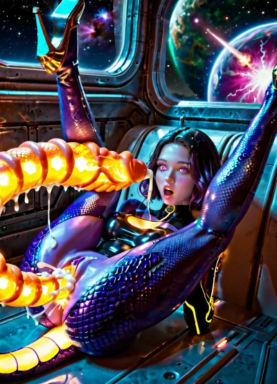 two space color futanari, purple mini futa, green huge futa, space, alien, transgender futa, futanari, skinny futa, thin futa, slender fit ass, athletic legs, vagina under a dick, have sex, in a space ship laboratory. green slime on the wall and on the floor. Their skin is covered with scales. 18 year old. Cute faces, no clothes. Long beautiful legs. There are claws on his hands. Wet. There are many different planets in the window, galaxies, a quasar, spaceship. Lots of colorful thick cum. A huge cock with veins, ass sex, fuck on behind, cumming on ass, cum on back, cum on flor, distance photo, 8k, UHD. super quality, detailed face, futanari missionary sex on a cosmic shower on ship, detailed legs, futa fuck futa, futanari sex, futa porno, cosmic dick. purple skin tone, blue vagina, used vagina, use ass, a young face, a sweet face, glowing eyes, glowing growths on the body, double sex, glowing dick, glowing tits, glowing vagina, glowing cum, glowing sperm, glowing boobs, Skin-tight sexy full-body space alien glows costume, transparent glows clothing, fiery cum, cum glows, glows mucus on the surface, glows hair, glows body implant, glow clothes, scales, scales on the skin, glow dragon's tail, glow reptile's tail, glow body, glow steampunk body, glow mechanical body, realistic face, super real face, super detailed face, beautiful face, mirrors, surprised face, mirror floor