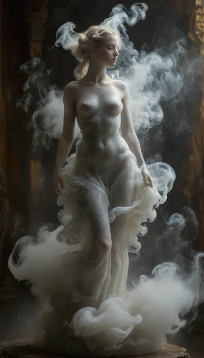 (masterpiece, best quality, ultra-detailed, cinematic lighting, 8k), (Ethereal marble Venus sculpture made of fog:1.2), myst, dissolved silhouette, curving hips and draped hair made of fog, translucent particles glowing with dawn light, volumetric atmosphere, detailed marble texture, artistic macro photography, shallow depth of field, minimalist composition, pale gold and pearl color palette, dark ancient museum background, chiaroscuro, (sculpture made of fog:1.3), in the style of MarbleStatueXL, mentixis, metix, msfg, dress, sm0k3dr3ss, <lora:mentixis:.8>, <lora:fog_creatures_v4:.8>, <lora:Smoke_Shesh_Dress_XL:.8>, <lora:MJ52:.8>