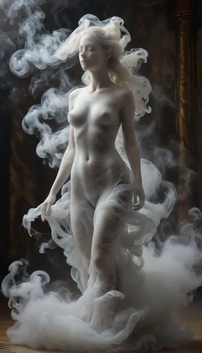 (masterpiece, best quality, ultra-detailed, cinematic lighting, 8k), (Ethereal marble Venus sculpture made of fog:1.2), myst, dissolved silhouette, curving hips and draped hair made of fog, translucent particles glowing with dawn light, volumetric atmosphere, detailed marble texture, artistic macro photography, shallow depth of field, minimalist composition, pale gold and pearl color palette, dark ancient museum background, chiaroscuro, (sculpture made of fog:1.3), in the style of MarbleStatueXL, mentixis, metix, msfg, fog, made, of, smoke, dress, sm0k3dr3ss, <lora:mentixis:.8>, <lora:fog_creatures_v4:.8>, <lora:Smoke_Shesh_Dress_XL:.8>