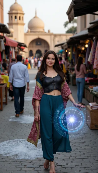 A captivating and powerful Basheera, a modern-day Pakistani woman with a mystical twist, standing confidently in the bustling heart of Lahore. Draped in a fusion of traditional and contemporary clothing, her eyes sparkle with an ethereal frost as she gracefully holds a glowing, time-stopping amulet. The vibrant market scene around her is frozen in mid-motion, merchants' hands hover over their goods, people are caught mid-laugh, and a swirl of colorful fabrics is suspended in the air. Her long, dark hair billows out slightly as if caught in a sudden breeze, while the intricate henna on her hands forms mesmerizing patterns that seem to dance with the iced-blue light emanating from the amulet. The contrast between her warm, sultry expression and the chilly aura enveloping the scene is palpable. The cobblestone street is coated in a delicate layer of frost, extending from her feet in a radiant circle. The stunning architecture of the Wazir Khan Mosque looms majestically in the background, untouched by time's hold, as the setting sun casts a dramatic golden glow over the frozen tableau. Her presence is both alluring and commanding, hinting at the ancient secrets she holds in her grasp, while the stillness of the moment whispers of the profound impact she wields. The caption beneath the image reads, "Basheera, the Timefreezer – A sexy, enigmatic force bringing a chilling pause to the pulse of the city."