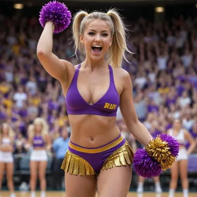 be quality, 25 year old pretty girl vaginal fuck, tanned skin, tan lines, blonde hair, very long hair, hair in gold ponytail, bangs, laughing, closed mouth smiling, holding purple and gold pom poms, arms raised up, high energy, sweaty, dancing, wearing purple and gold cheerleader skirt, tight purple and gold sweater lifted up, no top, topless, round-huge breasts, no sag breasts, basketball court, crowded nude bleachers, smirking, on basketball court, realistic, 8k, professional photograph, high quality, HDR, full color, whole body, fit, cheering, crowd cheering, orgasm, sex, vaginal fuck, rvcg, girl, boy, penis, front view cowgirl, background, anatomically correct, gigantic ass, shaved legs, no hair on legs, no hair on vagina, ultimate resolution, porn, be creative