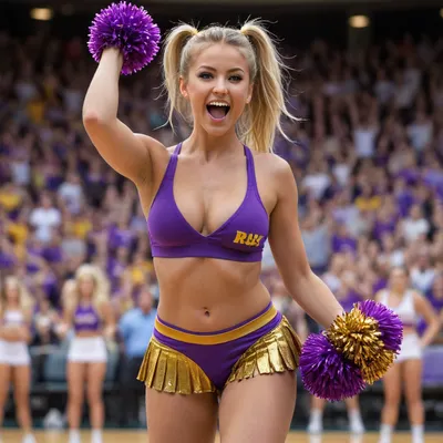 be quality, 25 year old pretty girl vaginal fuck, tanned skin, tan lines, blonde hair, very long hair, hair in gold ponytail, bangs, laughing, closed mouth smiling, holding purple and gold pom poms, arms raised up, high energy, sweaty, dancing, wearing purple and gold cheerleader skirt, tight purple and gold sweater lifted up, no top, topless, round-huge breasts, no sag breasts, basketball court, crowded nude bleachers, smirking, on basketball court, realistic, 8k, professional photograph, high quality, HDR, full color, whole body, fit, cheering, crowd cheering, orgasm, sex, vaginal fuck, rvcg, girl, boy, penis, front view cowgirl, background, anatomically correct, gigantic ass, shaved legs, no hair on legs, no hair on vagina, ultimate resolution, porn, be creative