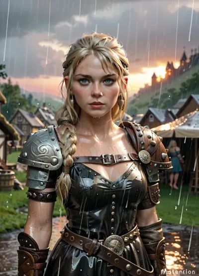 Astrid Hofferson, metal armbands, metal shoulder pads, metal belt, tight leather dress, rain, sunset, viking village