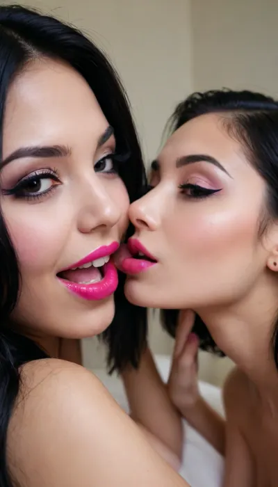 two ultra sexy short 18 year old girls, (very young looking), smiling, (ass licking, ass grabbing, very beautiful, long black hair, pink lipstick), fucking each other, fingers in asshole