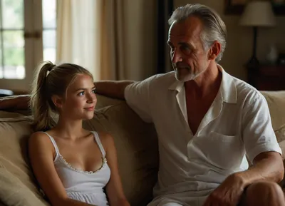 front view, ((1 very beautiful young woman wearing a white very short sundress sitting on a sofa side by side with fully clothed old male man in long trousers and shirt)), medium blonde tight high pony tail, questioning smile, dark blue eyes, tanned, narrow waist, medium breasts, highly detailed, CN, Girl6, but, clothes, <lora:Midjourney Image Enhancer XL v1:.8>, <lora:BUT_SDXL_SHS:.8>, <lora:add-detail-xl:.8>, (little nip slip:1.2)