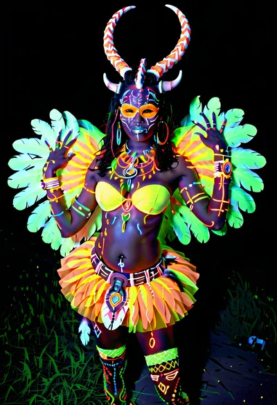 Africa, Sahara, night, campfire, ((full-length)), mature African shaman, black aboriginal woman, African black woman, ((elaborate costume with feathers)), huge saggy tits, ((horns, mask, headdress of feathers, horns and bones, tribal jewelry, necklace, claw necklace)), (hipbelt of skins), staff in hand, ceremonial attire, ((bright glowing neon coloring on face, chest and stomach)), glowing leg tattoos, ritual symbols, (barefoot), bare chest, boho style, exotic, concept art, fantasy art, artstation, detailed drawing, digital painting, elaborate details, realism., PENeonUV, blacklight, neon, <lora:PE_NeonUV Style:.9>