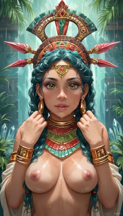 A Aztec priestess performs a rain-making ritual, (((in a crystal temple))), ((hands up)), ((crystal)), exposing her perky tits, orgazm, <lora:shirtpull_SDXL:.8>, style, of, Aztec, <lora:tbh264-sdxl:.8>, Jed-Blmicry, <lora:BioIceCrystalStyle-000006:.8>, ral-crztlgls, <lora:ral-crztlgls-sdxl:.8>, crystalline, <lora:EnvyCrystallineXL01:.8>