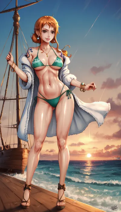 score_9, score_8_up, score_7_up, score_6_up, 1girl, (Nami from One Piece), 4k, hdr, best resoluthion, detailed, detailed face, realistic, photorealistic, pirate ship, ship mast, girl on the commut, stands against the vast ocean, sunset, sunbeams, beautiful sky, girl in bikini, full, body, <lora:3D XL:2>