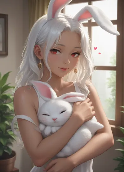 score_9, score_8_up, score_7_up, The image is an illustration of a young woman with long white hair and red eyes. She is wearing a white tank top and has a pair of bunny ears on her head. The woman is holding a white rabbit in her arms and is kissing it tenderly. The rabbit has its eyes closed and appears to be sleeping. The background is a room with a window and a plant. The overall mood of the image is peaceful and serene. dark_skin, rating, safe, white_hair, heart, animal_ears, 1girl, red_eyes, long_hair, parted_bangs, bunny_ears, hug, bare_shoulders, window, smile, half-closed_eyes, indoors, looking_at_viewer, one_eye_closed