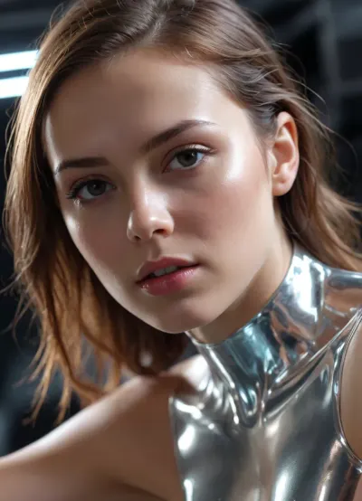Cinematic close-up, liquid metal young woman transforming dynamically, morphing from a flexible, stretching gel into a solid transparent crystal, hyper-realistic lighting, glowing electric pulses inside the material, stunning macro details, futuristic sci-fi feel, volumetric shadows, ultra-HD CGI, photorealistic reflections, high-end cinematic quality., [Truck left, Pan right, Tracking shot]