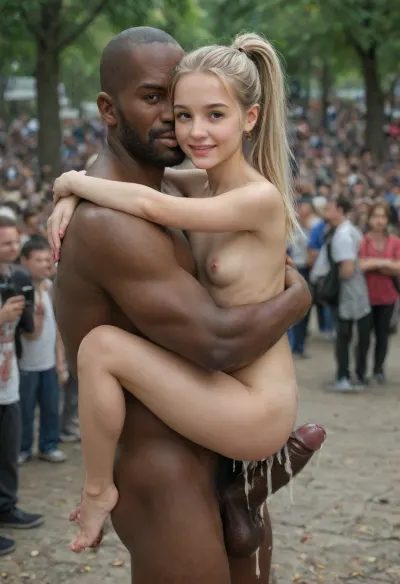 8k, uhd, photorealistic, (((interracial))), (strong tall man, lean and muscular man:1.3), ((extreme oversized penis:1.4)), (carry fuck), 18 year old, (petite:1.3), ((underage:1.4)), ((small body:1.4)), (glistening skin:1.1), small breasts, (light platinum blonde:1.3), high ponytail, hugging, (leg lock:1.3), anal sex, anal squirt, (excessive cum:1.4), (huge size difference:1.7), nice bubble butt, breasts visible, (perfect smile:1.4), (large eyes:1.2), (looking up), (close view of face:1.3), side angle view, beautiful fantasy forest backgound, flat, chested, 4ng3l, face, (crowd of people), PEAnimeBG, Background, anime, scenery, <lora:detailed_notrigger:1.1>, <lora:flat_chested_v3.5:1.6>, <lora:SDXL_BetterFaces-LoRA_v1:1.6>, <lora:crowd_notrigger:.8>, <lora:PE_AnimeBG:1.1>