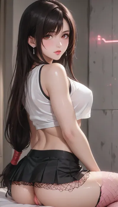 ai_generated, (Tifa Lockhart, pretty face, crop top, fishnet under shirt, mini skirt, long hair), large_breast, showing_back, ass, sitting, ((facing her back to viewer)), Sexy Girl, (Shiny Skin), ((perfect pussy)), ((Hentai)), g0th1cxl, glowing, neon, <lora:outline_xl_kohaku_delta_spv5x:1.6>, <lora:NEOTOKIOXL_0.2_RC:.7>, <lora:Ppolar-P3v1-NbVp10:1.6>, <lora:cartoon_stickers_xl_v1:1.2>, <lora:g0th1cXL:1.4>