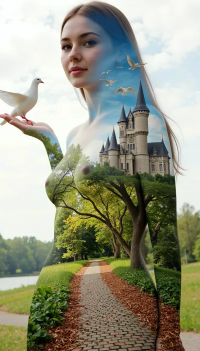 An elegant woman standing tall with an air of ethereal grace, her form delicately intertwined with the vibrant hues of a mystical forest. The double exposure technique masterfully merges the beauty of nature with her visage, revealing a symphony of emerald leaves and golden sunrays dancing across her skin. Her eyes, deep pools of sapphire, reflect the ancient wisdom of the trees that whisper their secrets. Her hair cascades down her back, blending into the intricate patterns of a cobblestone path that winds through the enchanted woods, leading to a grand castle perched atop a distant hill. The woman's silhouette is adorned with a soft glow, hinting at the magic that resides within her soul. The architecture of the castle merges with her form, the turrets and spires echoing the curves of her body, as if she is the living embodiment of the enigmatic realm she inhabits. The sky above is a canvas of swirling blues and purples, a cosmic backdrop that mirrors the tumultuous emotions and boundless imagination within her heart. Her arms stretch out, fingers unfurling like petals, as a flock of doves ascend from her palms, symbolizing peace and freedom. The overall composition is a breathtaking blend of reality and fantasy, inviting the viewer to dive into a world where beauty, nature, and magic coalesce into a single, harmonious being.