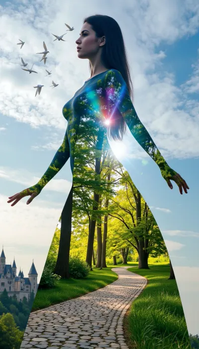 An elegant woman standing tall with an air of ethereal grace, her form delicately intertwined with the vibrant hues of a mystical forest. The double exposure technique masterfully merges the beauty of nature with her visage, revealing a symphony of emerald leaves and golden sunrays dancing across her skin. Her eyes, deep pools of sapphire, reflect the ancient wisdom of the trees that whisper their secrets. Her hair cascades down her back, blending into the intricate patterns of a cobblestone path that winds through the enchanted woods, leading to a grand castle perched atop a distant hill. The woman's silhouette is adorned with a soft glow, hinting at the magic that resides within her soul. The architecture of the castle merges with her form, the turrets and spires echoing the curves of her body, as if she is the living embodiment of the enigmatic realm she inhabits. The sky above is a canvas of swirling blues and purples, a cosmic backdrop that mirrors the tumultuous emotions and boundless imagination within her heart. Her arms stretch out, fingers unfurling like petals, as a flock of doves ascend from her palms, symbolizing peace and freedom. The overall composition is a breathtaking blend of reality and fantasy, inviting the viewer to dive into a world where beauty, nature, and magic coalesce into a single, harmonious being.