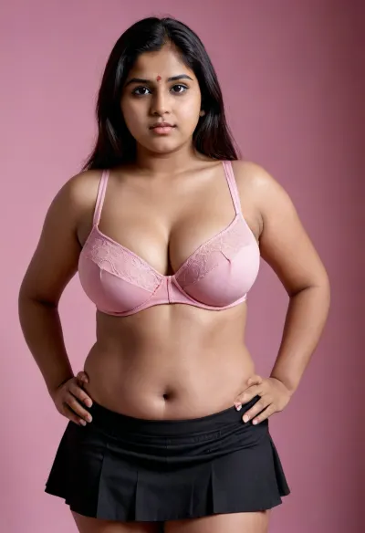 Indian young chubby school girl with big breasts wearing a pink bra through which her nipples are. Poking out and a black skirt through which her panty is visible
