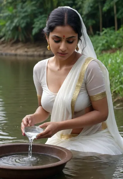 Imagine it's the year 1990. A married woman is wearing a transparent white saree without a blouse. She is completely wet. Her beautiful round large breast are visible through her saree. She is pouring water into her pot from a lake