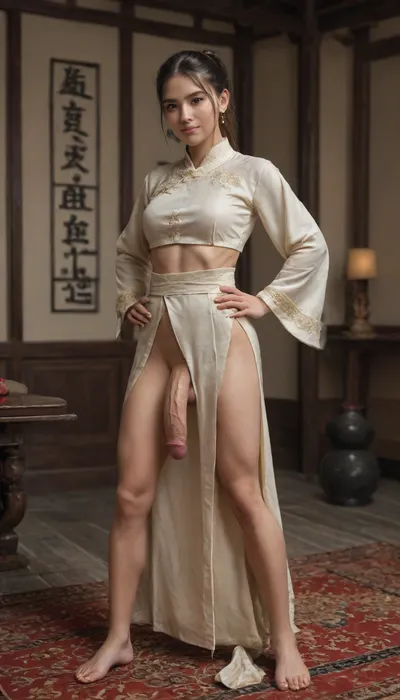a Chinese woman with huge penis, having a yinyang symbol pattern visible tattoo on her belly, brunette hair, ponytail, warm smile, athletic body, abs, muscular definition, dynamic pose, hands on hips, waist level shot, detailed background of a ancient chinese room, full body view, erect futa, erect penis, testicles, erection, tang, style, dynasty, high detailed body, high detailed clothes, photorealistic, ultra high res, woman, wearing partially undressed Kung fu style ancient Chinese robes and ancient Chinese skirt, bare feet