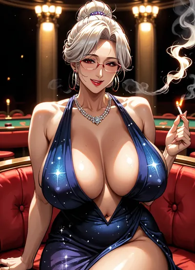 masterpiece, best quality, amazing quality, perfect hands, 1 girl, solo, seductive face, happy eyes, smile, teeth, perfect ass, perfect breast, absurdres, ultra-detailed, 16k, perfect anatomy, high-resolution, score_9_up, score_8_up, score_7_up, game art, Detailed, clothing clipping, beautiful, new, HDR, 8K, high contrast, very aesthetic, newest, scenery, dim lighting, BREAK, detailed skin, detailed eyes, detailed hair, volumetric lighting, dappled light, light particles, dramatic shadows, vivid cinematic lighting, hyper detailed, skindentation, detailed clothing folds, depth of field, sharp, dynamic lighting, intricate and ornate, elegant and charming, casino setting, Break, (((Seiko Ayase from dandadan))), white hair, hair up, red ornament, huge breasts, glasses, hair bun, single hair bun, hoop earrings, (((very deep cleavage to navel))), (((mature female, milf))), crossed legs, glittery dress, cosmic dress, wrinkles, (smoking a cigarette), ((bulging breasts, covered nipples)), (((breasts apart, sagging breasts))), bare hands, bare shoulders, Animated, Nightmare, Style, <lora:AnimatedNightmaresStyle:1.2>