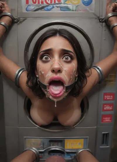(40 years adult), (woman is stuck with her hips in a round hole with metal rim in a vending machine), (her bust is protruding from a round hole in the front of the vending machine:1.5), (stuck in hole with metal rim:1.3), (vending machine at night, slot for payment), (wide mouth spreader ring gag, gaping mouth:1.5), (leaning forward), (embarrassed, ashamed), (pleading expression:1.2), (terrified:1.6), (crying), (fear and panic:1.2), (box is low mounted, close to floor), (score_9, score_8_up, score_7_up, UHD 8K, masterpiece, best quality, maximum details, natural light, extreme realism, cinematic still), (huge penis:1.4), (she stares at erect penis in front of her face:1.3), (POV from above, she is looking up to viewer, submissive), (POV man standing and looking down, man stroking his big dick:1.1), (arms restrained to wall), (her arms left and right flat against the wall, multiple iron rings fixing her stretched arms against the wall:1.5), (POV standing man, looking down on her:1.2), (mouth wide open), (black hair), (Indian slut:1.8), (rich bitch:1.4), (dark brown skin:1.3), (tan lines), (iron rings restrain her arms to vending machine), (her arms are spread eagle against vending machine:1.8), (arms restrained with iron rings:1.8), (free-standing vending machine), (her face is covered in cum:1.6), (cum in her mouth:1.1), (bukkake, facial:1.3), (transparent liquid:1.2), (realistic cum), (wet face:1.2), (oily skin:1.5), (stuck with hips in a round hole with metal rim:1.6), (eyes wide open in horror:1.3), (her mouth serves only one purpose), (she's got a new job, she's a public cum dumpster), (pink glossy lips:1.3), (shocking pink lips, pink lipstick:1.5), (eerie lighting:1.3), (smeared lipstick:1.3)