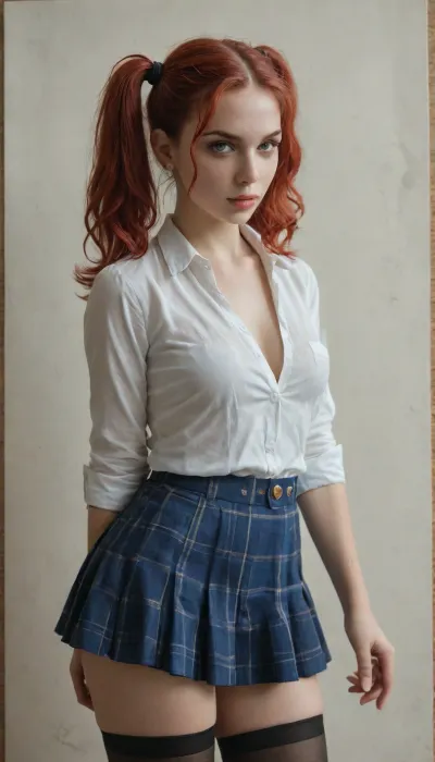 fantastic light airbrushing, volume, pearl tones in the style of Fallout New Vegas, a 50% dressed red-haired girl from Safe 22, ponytails hairstyle, short plaid school skirt in the style of Fallout Vault, stockings with a wide elastic band, a small settlement of survivors, yellow light filter, drawing, watercolor