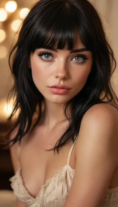 ziprealism, (intimate snapshot esthetic, French inspired, stunning French woman, cozy French bedroom), (adorable woman, soft smile, warm loving gaze, bashful pose:1.2), (f/2.8, shallow depth of field, creamy bokeh, warm romantic lighting, dynamic light, contrasting shadows, extreme closeup shot, tight headshot, intimate facial portrait, Dutch Angles, focus on eyes:1.6), (glossy ink black hair, long wispy bangs with defined fringe, thick voluminous hair, loose hair obscuring face:1.4), (catchlights, limbal rings, large expressive eyes, stunning eyes, perfect eyes, long delicate eyelashes), (classic French facial features, flawless porcelain skin, soft blush), igbaddie, <lora:igbaddie-XL:.8>, <lora:MJ52:.8>
