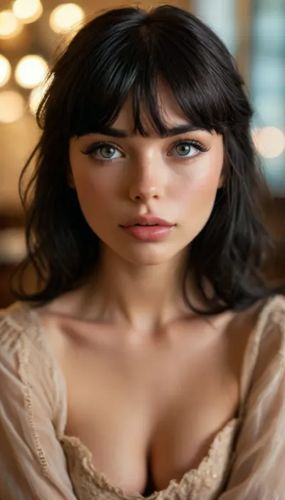 ziprealism, (intimate snapshot esthetic, French inspired, stunning French woman, cozy French bedroom), (adorable woman, soft smile, warm loving gaze, bashful pose:1.2), (f/2.8, shallow depth of field, creamy bokeh, warm romantic lighting, dynamic light, contrasting shadows, extreme closeup shot, tight headshot, intimate facial portrait, Dutch Angles, focus on eyes:1.6), (glossy ink black hair, wispy bangs with fringe, thick voluminous hair, loose hair obscuring face:1.4), (catchlights, limbal rings, large expressive eyes, stunning eyes, perfect eyes, long delicate eyelashes), (classic French facial features, flawless porcelain skin, soft blush), igbaddie, <lora:igbaddie-XL:.8>, <lora:MJ52:.8>