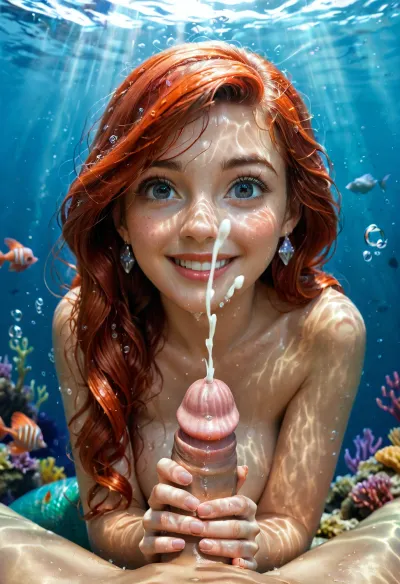 disney, redhead Princess ariel, the little mermaid, mermaid body, topless, looks curious, wet body, wet hair, detailed background, perfect detailed body, detailed skin texture, cute face, realistic face, full body view, under the sea, handjob, happy, enjoying, stroking dick, (cumshot:1.5), pov, nude, breast exposed, FRESHIDEAS, Underwater, Palace, mermaid, <lora:FRESHIDEAS Underwater Palace:.8>, <lora:mermaid_xl_v1:.8>