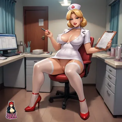 (((1woman, reiq style, colored, cartoon, sitting, very happy, very big smile, white nurse uniform, very short dress, plump pussy, doctor office with desk and chair, (eye contact, looking at viewer, covered nipples, holding clipboard), full body, shoulder height, partial profile))), voluptuous, plump, curvy, big waist, no underwear, plump pussy, 40 year old milf, big hips, big ass, very deep cleavage, revealing top, big hard nipples, huge tits, nurse outfit, white stockings, garter belt, black rimmed glasses, red high heels, kouartist, novuschroma, outline, PEHighContrast, Simple, Background, high, Contrast, <lora:outline_xl_kohaku_delta_spv5x:2>, <lora:kou10-000010:2>, <lora:105_novuschroma_1:2>, <lora:sdxl_lora_outline-000016:2>, <lora:PE_HighContrastStyleV1:2>