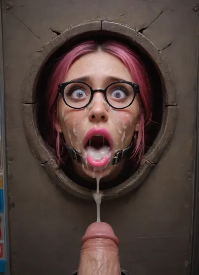 (40 years black adult whore), (woman is stuck with her hips in a round hole with metal rim in a vending machine), (her bust is protruding from a round hole in the front of the vending machine:1.5), (stuck in hole with metal rim:1.3), (vending machine at night, slot for payment), (wide mouth spreader ring gag, gaping mouth:1.5), (leaning forward), (embarrassed, ashamed), (pleading expression:1.2), (terrified:1.6), (crying), (fear and panic:1.2), (box is low mounted, close to floor), (score_9, score_8_up, score_7_up, UHD 8K, masterpiece, best quality, maximum details, natural light, extreme realism, cinematic still), (huge penis:1.4), (she stares at erect penis in front of her face:1.3), (POV from above, she is looking up to viewer, submissive), (POV man standing and looking down, man stroking his big dick:1.1), (arms restrained to wall), (her arms left and right flat against the wall, multiple iron rings fixing her stretched arms against the wall:1.5), (POV standing man, looking down on her:1.2), (mouth wide open), (black busty librarian, glasses, wearing spectacles:1.4), (Nigerian slut, elegantly styled hair, hair tied back in a bun, conservative appearance:1.5), (iron rings restrain her arms to vending machine), (her arms are spread eagle against vending machine:1.8), (arms restrained with iron rings:1.8), (free-standing vending machine), (her face is covered in cum:1.6), (cum in her mouth:1.1), (bukkake, facial:1.3), (transparent liquid:1.2), (realistic cum), (wet face:1.2), (oily skin:1.5), (stuck with hips in a round hole with metal rim:1.6), (eyes wide open in horror:1.3), (her mouth serves only one purpose), (she's got a new job, she's a public cum dumpster), (pink glossy lips:1.3), (shocking pink lips, pink lipstick:1.5), (eerie lighting:1.3), (smeared lipstick:1.3)