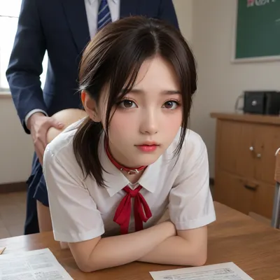 beautiful slender asian 18 year old schoolgirl, in uniform, no makeup, Brown eyes, ponytail, 3/4 view, bare legs, bending over her desk, getting fucked doggystyle by her teacher, 1girl, 1 male, explicit, collar, Leash