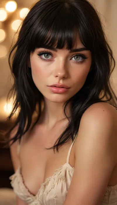 ziprealism, (intimate snapshot esthetic, French inspired, stunning French woman, cozy French bedroom), (adorable woman, soft smile, warm loving gaze, bashful pose:1.2), (f/2.8, shallow depth of field, creamy bokeh, warm romantic lighting, dynamic light, contrasting shadows, extreme closeup shot, tight headshot, intimate facial portrait, Dutch Angles, focus on eyes:1.6), (glossy ink black hair, long wispy bangs with defined fringe, thick voluminous hair, loose hair obscuring face:1.4), (catchlights, limbal rings, large expressive eyes, stunning eyes, perfect eyes, long delicate eyelashes), (classic French facial features, flawless porcelain skin, soft blush), igbaddie, <lora:igbaddie-XL:.8>, <lora:MJ52:.8>