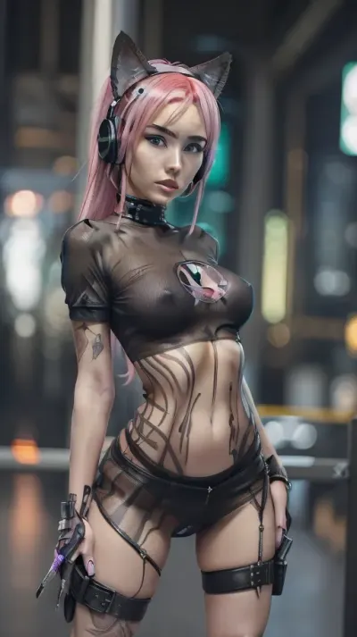 (1camgirl 20 yo with pink hair in a sexy outfit with headphones and a cat ears), m4 sopmod ii girls frontline, oppai cyberpunk, seductive anime girl, perfect android girl, cyberpunk anime girl, artwork in the style of guweiz, female cyberpunk anime girl, trending at cgstation, trending on cgstation, fine details. girls frontline, from girls frontline, girls frontline universe, guweiz, cyberpunk femme fatale, nude, with pokies, (slim girl), (small breasts), (small butt), lingerie, cat pose, candy room, amplifier, (she wears studded bracelets), (((she wears a SEPULTURA Shirt))), with, pokies, dress, see, through, transparent, small eyebrowns, <lora:pokies_9:.5>, <lora:transparent_dress:.5>, ((bodypainting)), (freundliches lächeln)