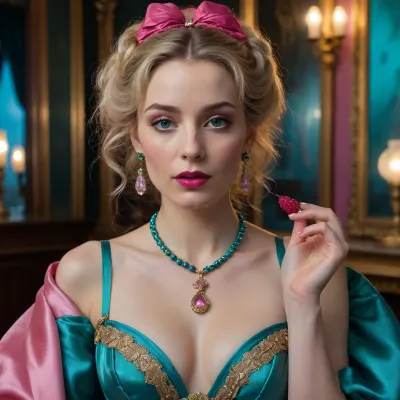 Aristocratic courtesan facing viewer, disheveled ivory gown, (strap deliberately fallen), left hand loosely veiling décolleté. Right index finger smearing pearlescent streaks sperm from swollen raspberry lips + faint trail down chin. Golden raspberry pendant askew. Mulberry sash undone. Background upper-left, mirror reflecting EXCLUSIVELY moonlit balcony/river landscape, (NO FIGURES VISIBLE), . Lighting, 1970s neon-noir, (teal/pink), . Mood, unapologetic decadence. Style, haute couture cyberpunk.