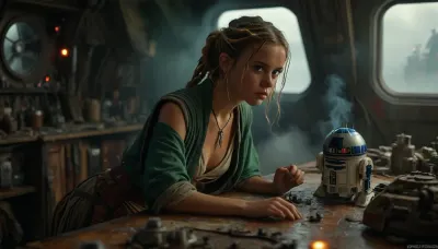 Star Wars Style, full body view of a female Jedi, repairing stuff at messy table, in a messy common room, inside Millennium Falcon, slender, slim waist, blonde matted dreadlocks, flat breasted, tanned skin, lucky charm necklace, beautiful brown leather belt, highly detailed Jedi costume, Jedi toga, perfect face, perfect hands, glass on table, extremely steaming green liquid, R2-D2, dejarik, 8k, high resolution, TIE, fighter, neon_style, cloudy, smoke, atmospheric, clouds, fog, <lora:TIE fighter:.8>, <lora:304304_training_data:.8>, <lora:MJ52:.8>, <lora:Cloudy_Style:1.1>