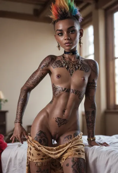((1girl:2)), (extremely young african 4ng3l:2.5), (perfect gorgeous girly feminine beauty desperately needing a good fuck:2), (african:1.2), (looking at viewer like she wants him:2), (incredibly sexy and lustful:1.5), (most beautiful sexy round face:1.2), (sexy eyes:1.4), long eyelashes, (cute and shy:1.2), (perky smile:1.2), (perfect lustful lips:1.1), (makeup:1), (rainbow color mohawk haircut:1.2), (perfect body proportions:1.4), athletic, tight body, abs, slim neck, narrow chest and shoulders, flat chest, (tiny erect nipples:1.4), (pierced nipples:1.6), narrow waist, (small hips:1.1), skinny thighs, small tight ass, (flat chests:1.4), thigh gap, (most beautiful godpussy:1.2), (pussypiercing:1.6), (black skin:1.4), (sweaty:1.2), (tribal tattoos all over her body:1.4), black choker, (pajamas:1.4), hot summer day, (bedroom rave:1.2), ((Doggyposition)), ((doggy-style:1.6)), ((view from behind:1.6)), ((low side view from pussy:1.8)), ((show ass:1.6)), ((view from behind to the side looking back at Camera))