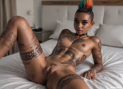 (1girl:2), (extremely young african 4ng3l:2.5), (perfect gorgeous girly feminine beauty desperately needing a good fuck:2), (african:1.2), (looking at viewer like she wants him:2), (incredibly sexy and lustful:1.5), (most beautiful sexy round face:1.2), (sexy eyes:1.4), long eyelashes, (cute and shy:1.2), (perky smile:1.2), (perfect lustful lips:1.1), (makeup:1), (rainbow color mohawk haircut:1.2), (perfect adult body proportions:1.4), athletic, tight body, abs, slim neck, narrow chest and shoulders, flat chest, (tiny erect nipples:1.4), (pierced nipples:1.6), narrow waist, (small hips:1.1), skinny thighs, small tight ass, (natural perfect shapely breasts:1.1), thigh gap, (most beautiful godpussy:1.2), (pussypiercing:1.6), (black skin:1.5), (sweaty:1.2), (tribal tattoos all over her body:1.4), black choker, (pajamas:1.4), hot summer day, (bedroom rave:1.2), (leaning back:1.6), (view from pussy:1.8), on set of photoshoot, (realistic:1.2)